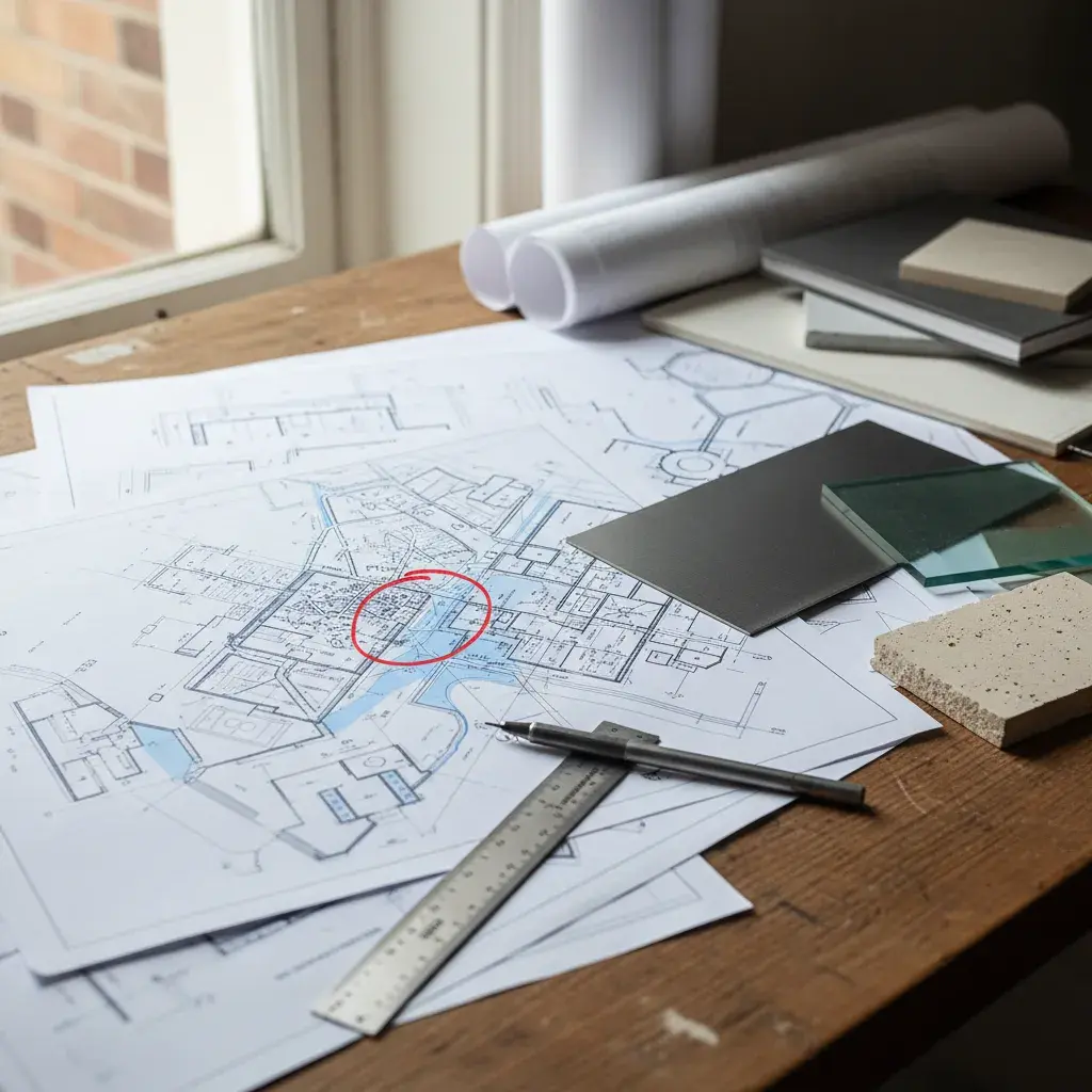 Architects desk flat-lay for a White City lab project