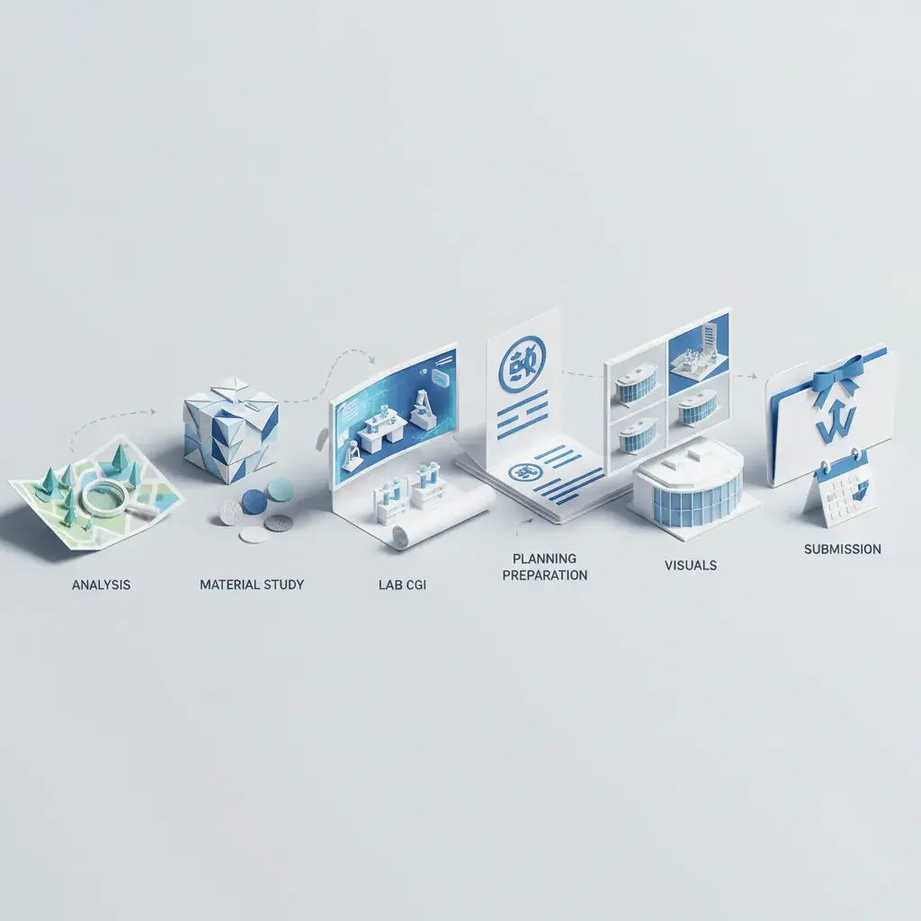 Six-stage isometric workflow diagram for a White City innovation project in Hammersmith and Fulham