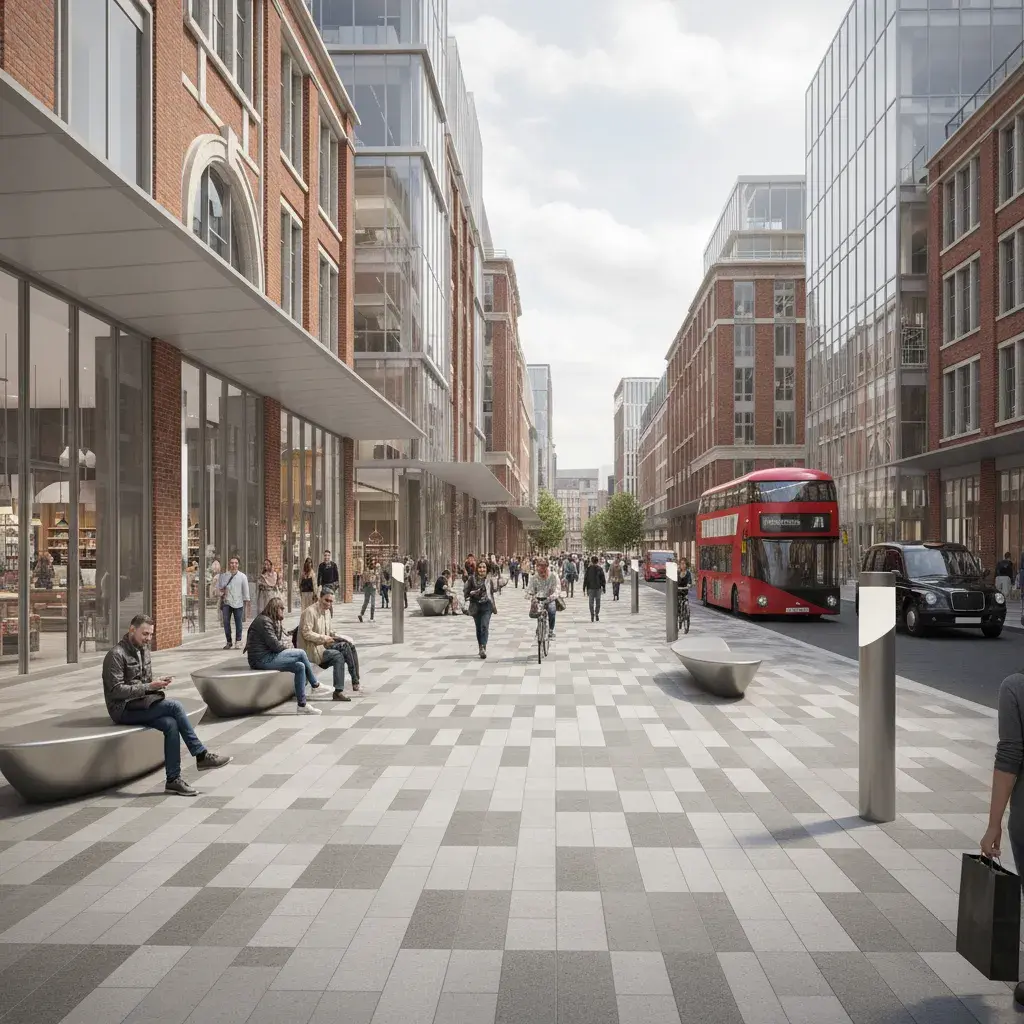 Regeneration visualisation reference. Public-realm, arrival and landscape quality need to read at human scale as well as in aerial form.