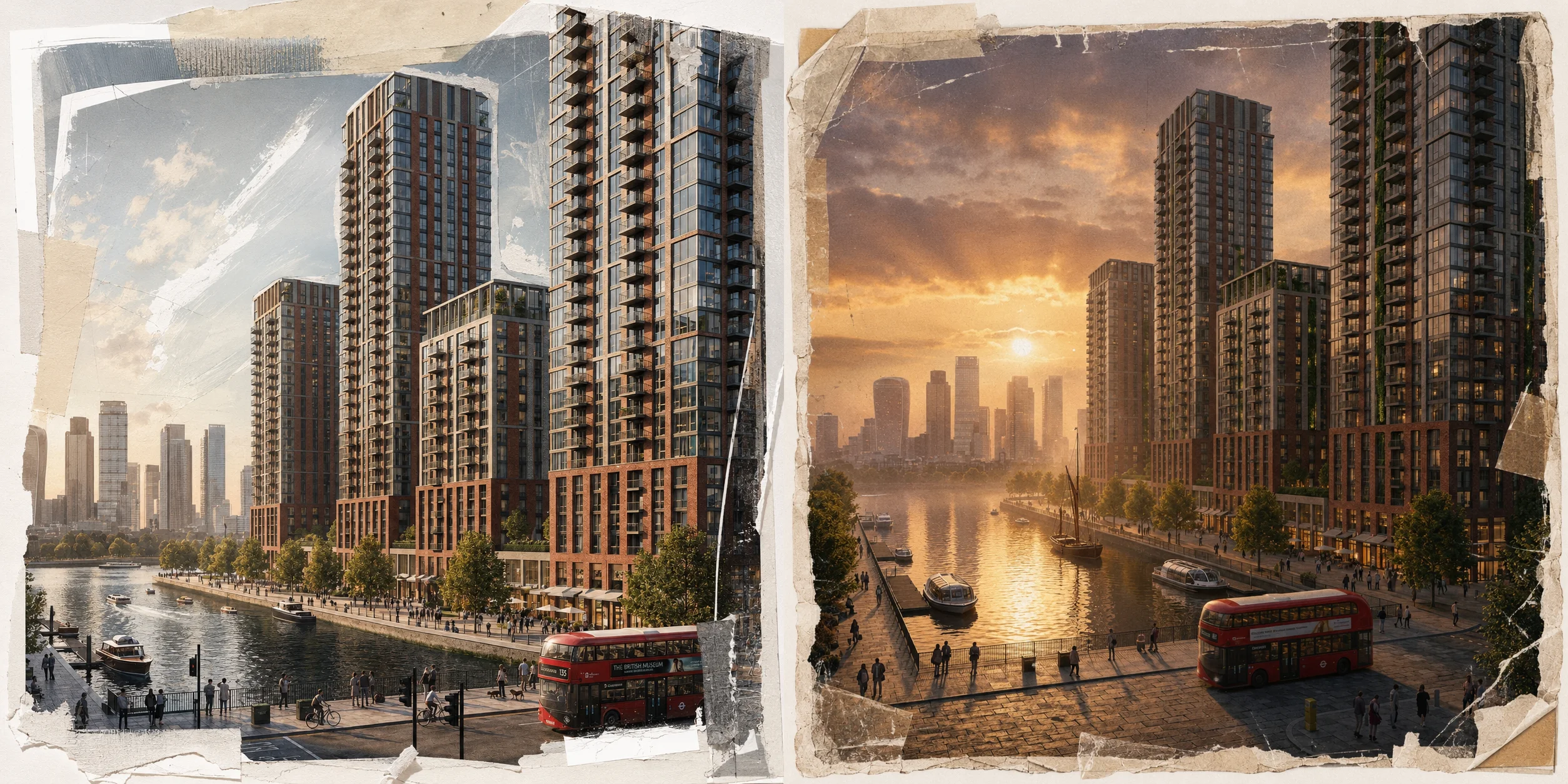 Architectural CGI of a London riverside residential tower scheme in overcast daylight and golden hour