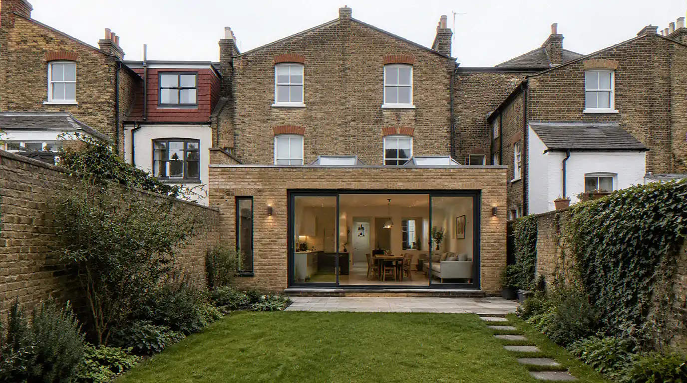 House extension CGI showing a London rear extension with rooflights, glazing, garden threshold and neighbouring boundary walls