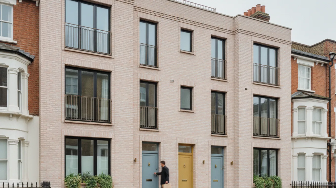 AVR3 elevation render of a contemporary five-house mews infill scheme in London stock brick with Crittall-style glazing, framed between two existing Edwardian end-of-terrace buildings