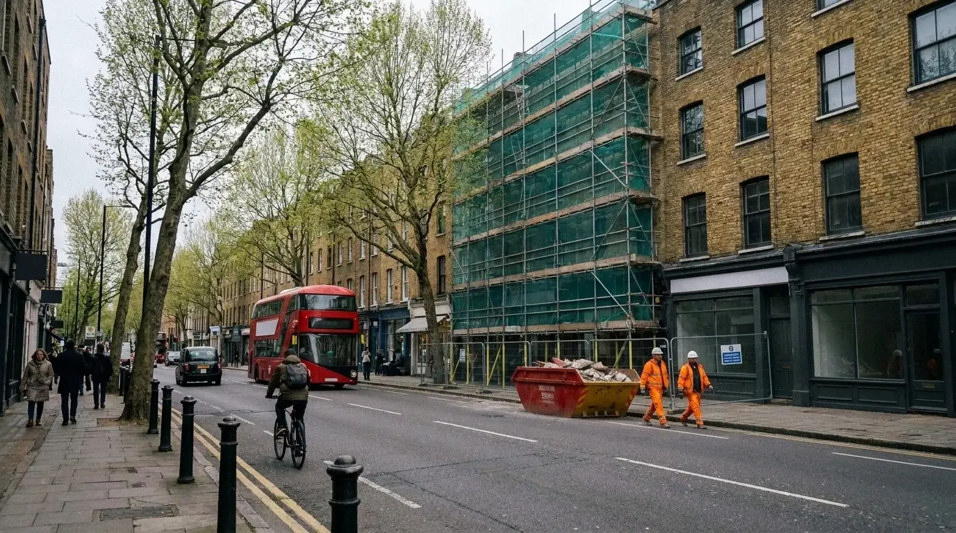 Mid-construction massing photomontage of an Islington Clerkenwell terrace with full scaffolding, Heras fencing, builders skip and hi-vis workers inserted into the verified baseline view