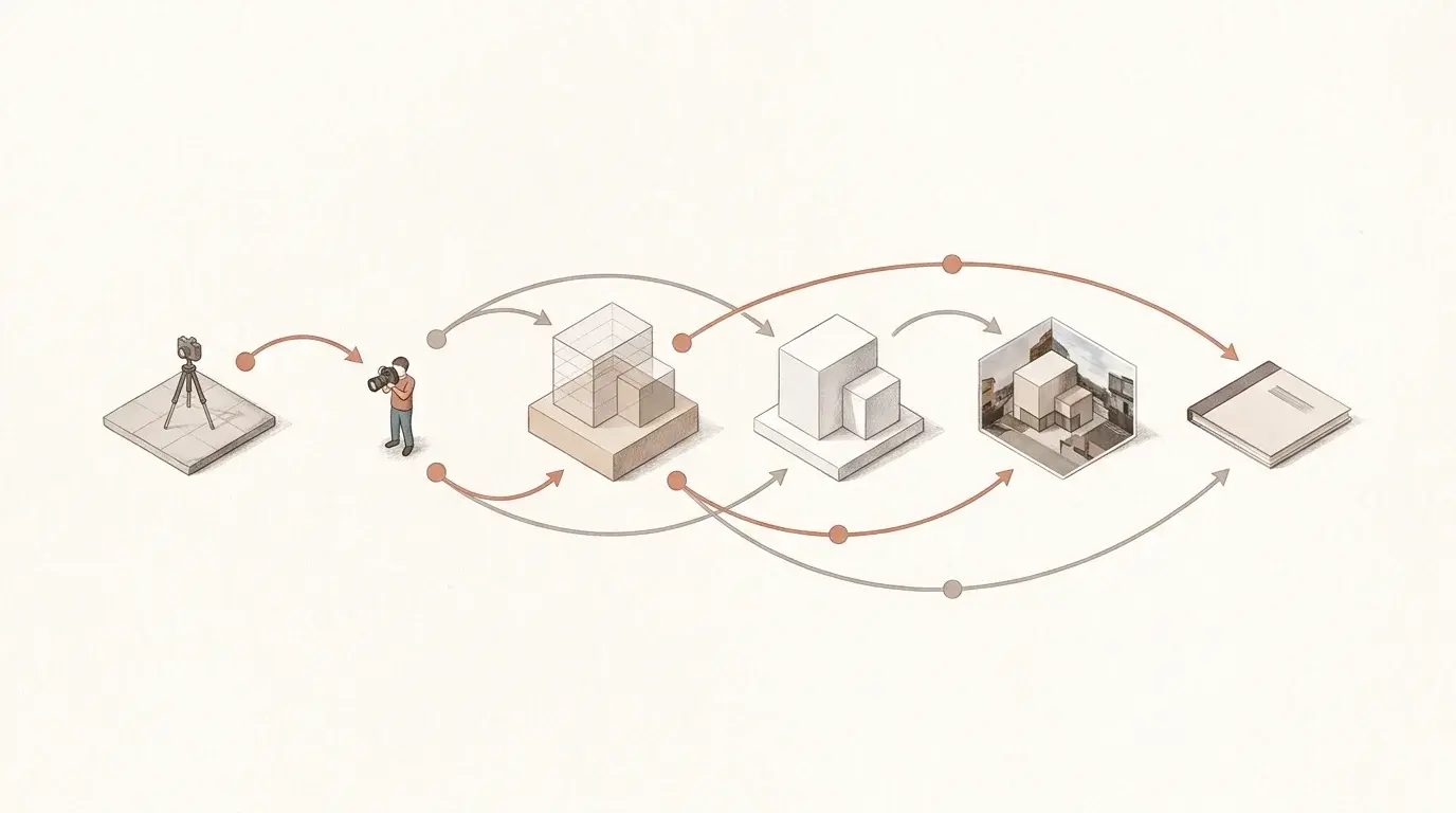 Six-stage isometric diagram tracing the Islington verified-view methodology from viewpoint scoping and surveyed photography to camera matching, model build, photomontage and final reporting