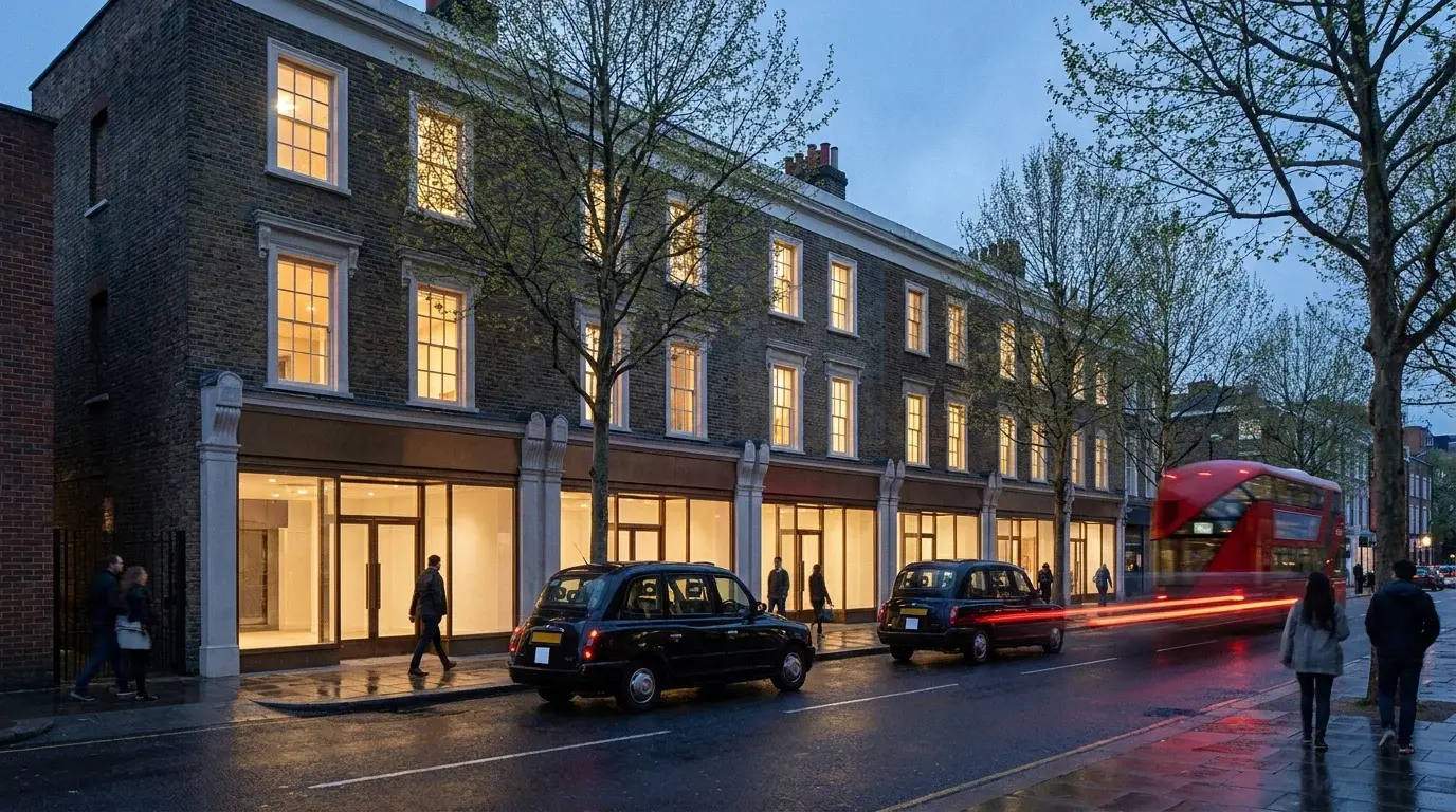 Dusk CGI of a Victorian mixed-use frontage on Upper Street near Camden Passage in Islington with warm interior glow through restored shopfront bays and sash windows above.