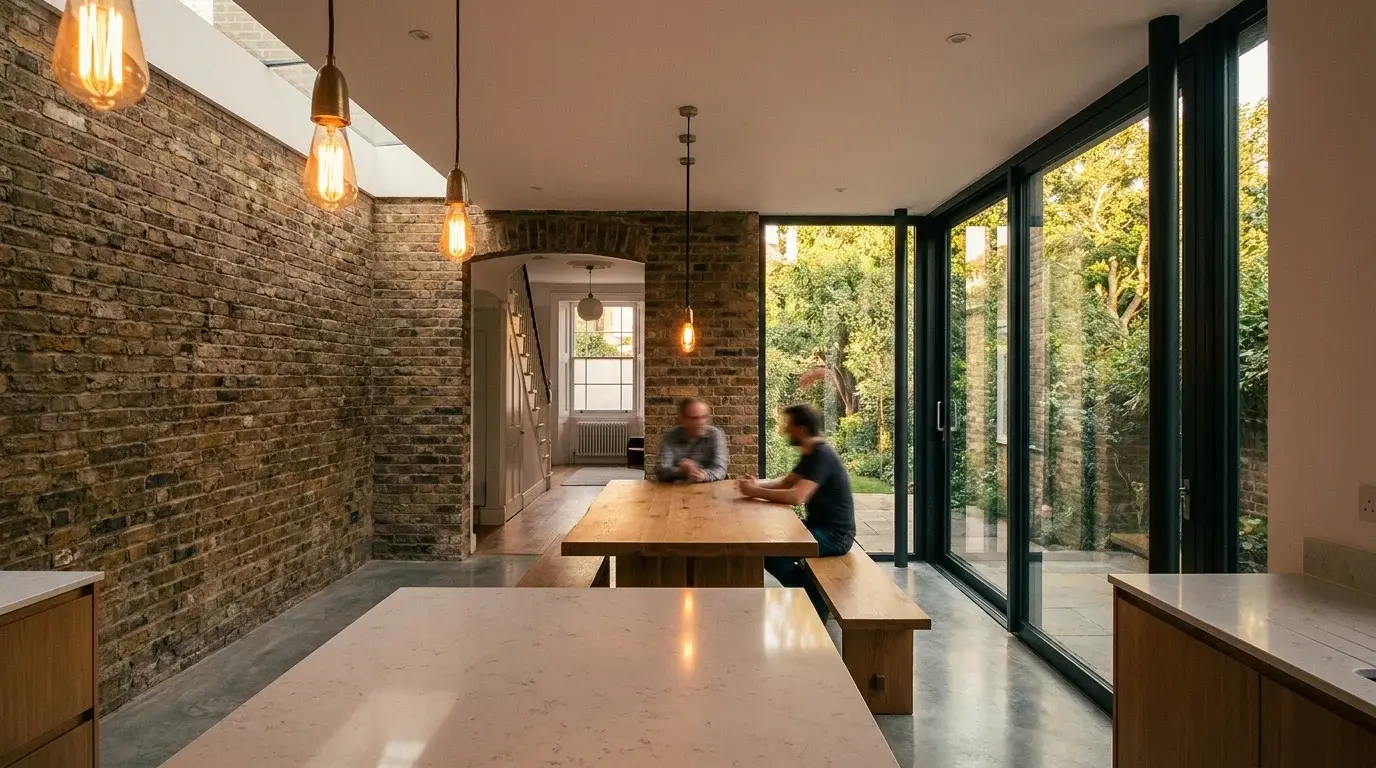 Interior CGI of a Canonbury Victorian terrace open-plan kitchen and dining inside the rear extension, with exposed stock brick, polished concrete floor, an oak slab table and slim-framed sliding doors to a leafy garden.