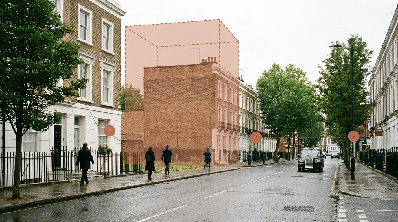 Annotated Islington planning photomontage workflow showing existing Clerkenwell terrace context, proposed massing zone and viewpoint markers for review