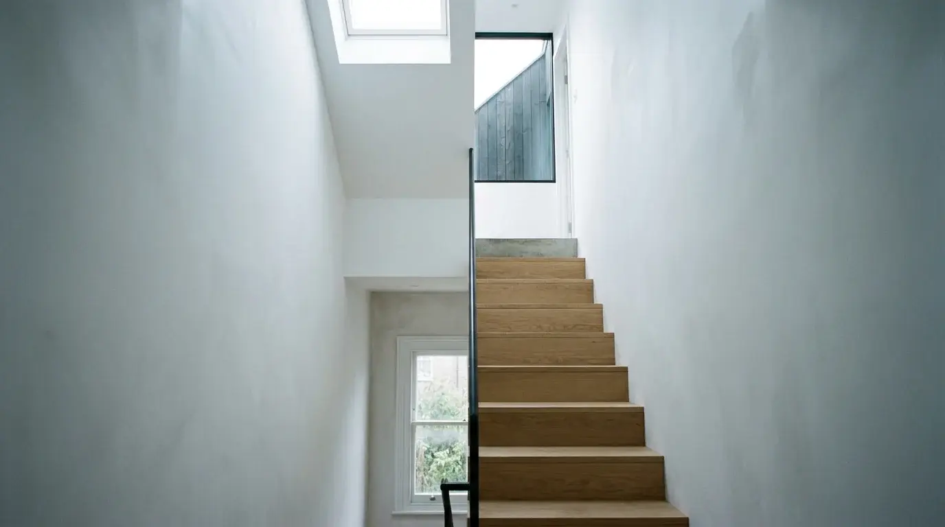 Interior CGI of a Canonbury Victorian terrace loft conversion in Islington, looking up the new oak staircase with a thin black handrail toward a charred larch dormer cheek and a flush rooflight pouring cool morning daylight down the stair core.