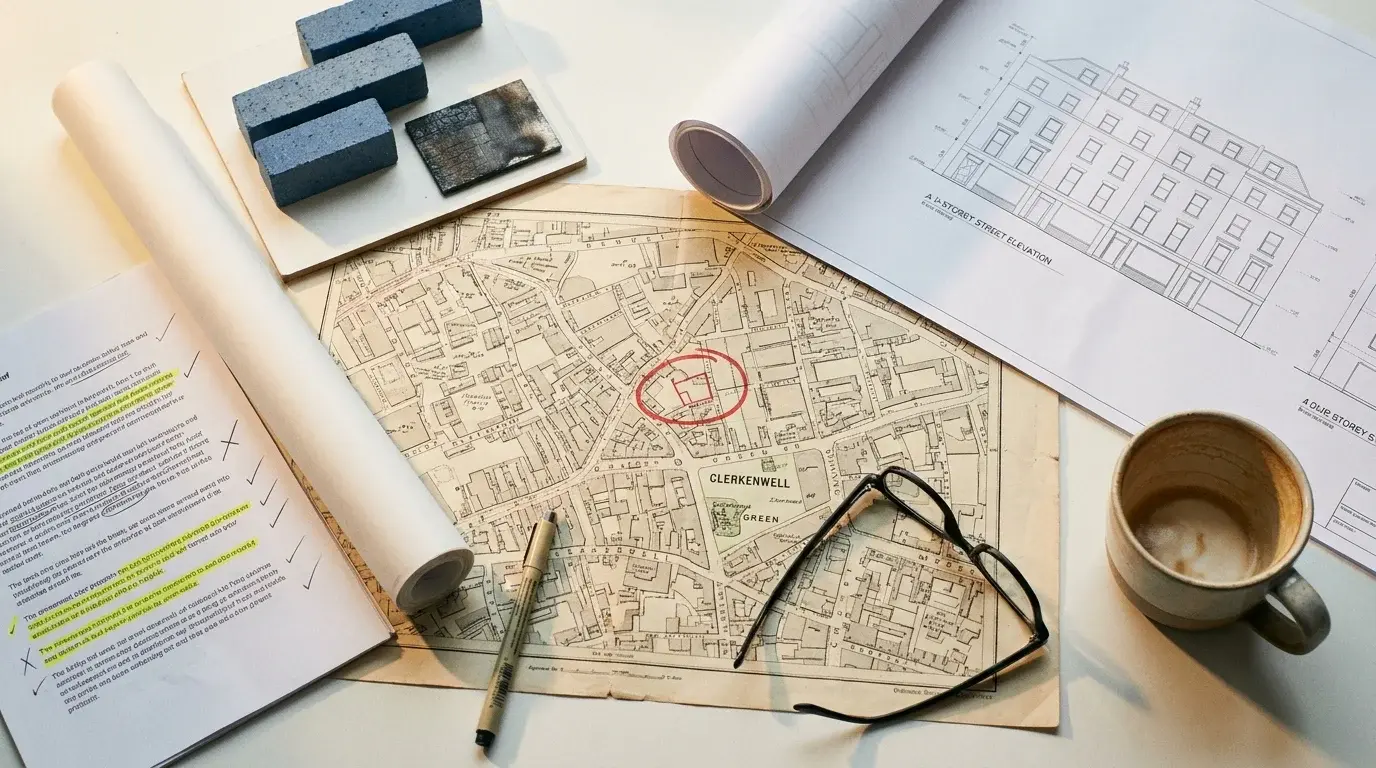 Architectural drawings and material samples representing professional studio work