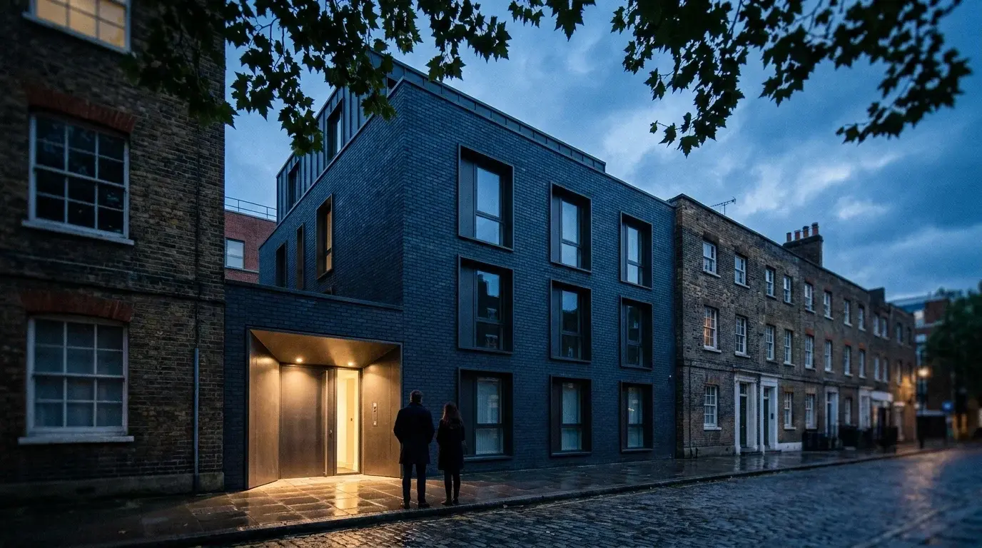Evening pedestrian view of the Clerkenwell new-build infill scheme in Islington at street level, with figures pausing on the wet cobbled pavement and the recessed metal entrance softly lit.