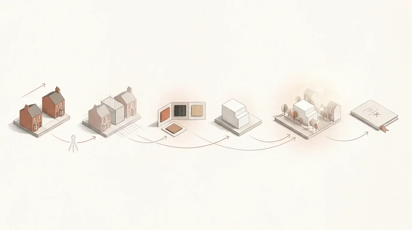 Six-stage isometric workflow diagram for a Clerkenwell new-build infill, from existing party-wall site analysis through planning massing, material study, design development, photomontage and final reporting.