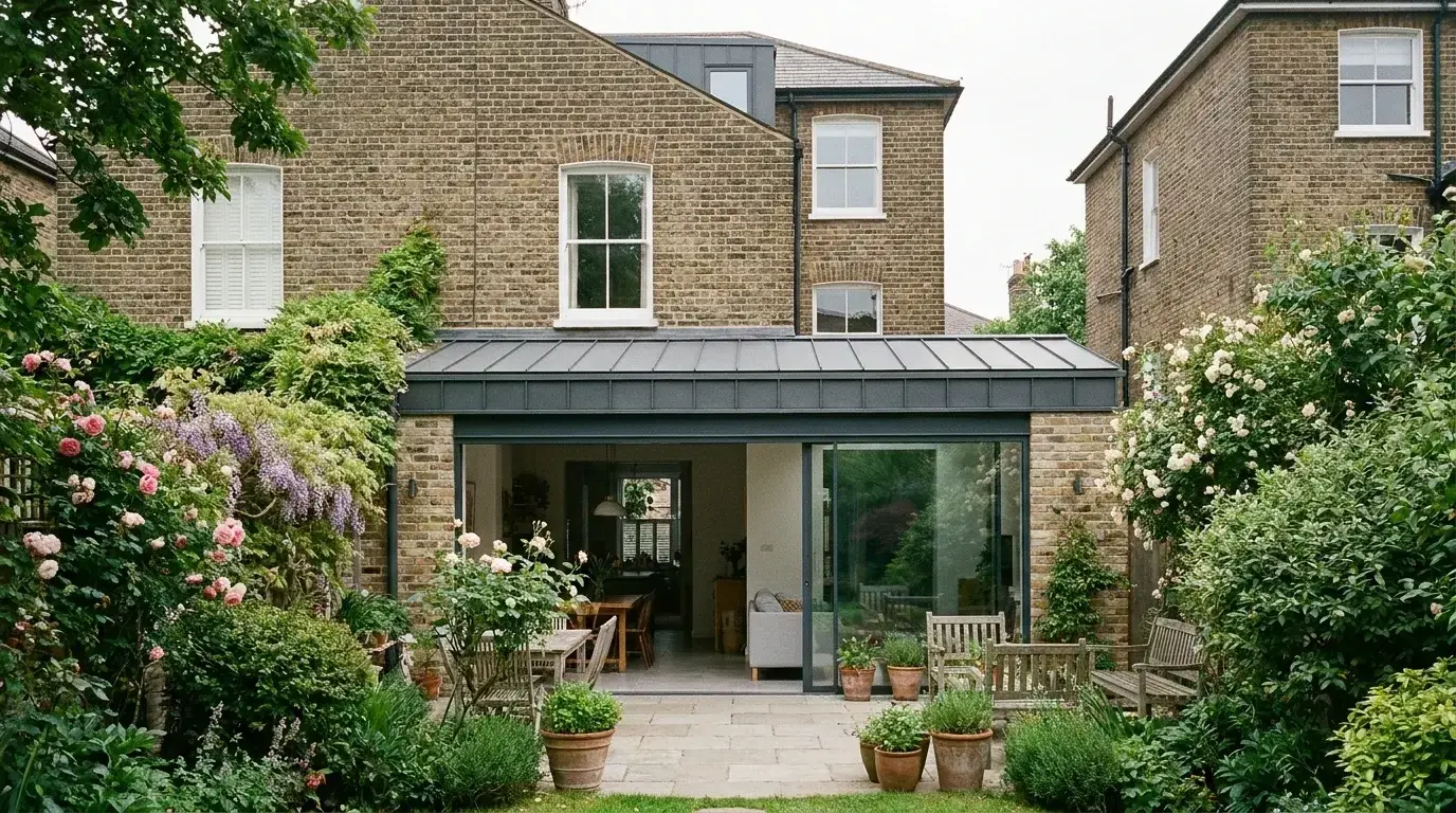 Architectural CGI of a Canonbury Square Victorian semi rear extension in stock brick with a dark zinc seamed roof opening onto a leafy garden in Islington
