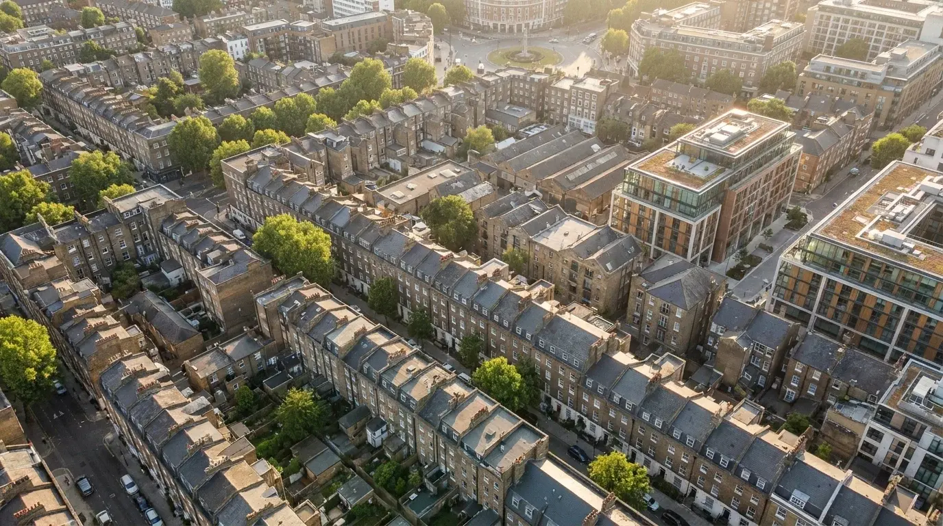 Aerial photomontage view over Clerkenwell and the Old Street edge of Islington showing dense Victorian terraces, garden squares and contemporary infill within the existing fabric