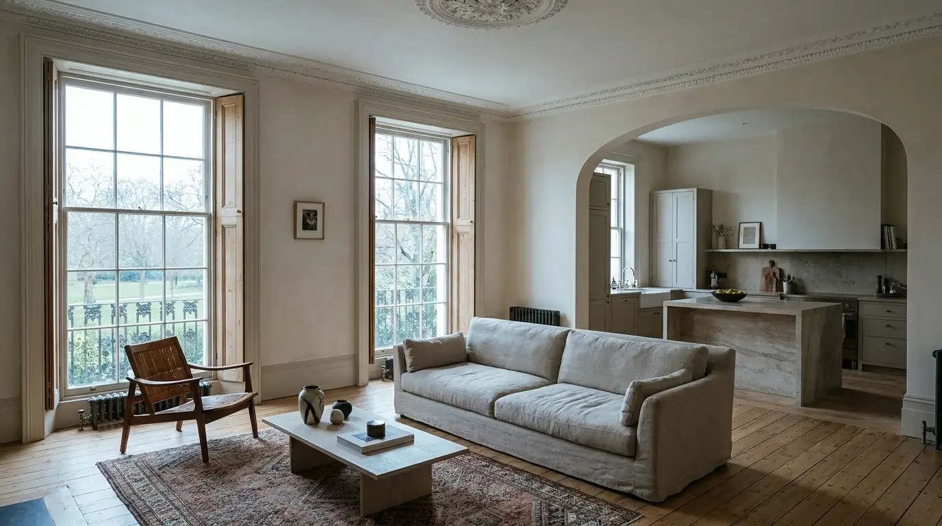 Interior CGI of a Highbury Georgian terrace front room facing Highbury Fields with restored cornice, ceiling rose and an open kitchen through the arch