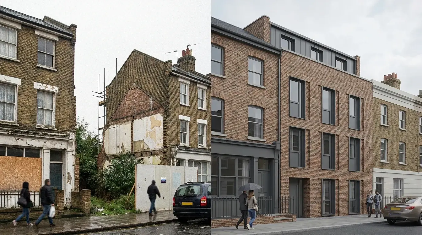 Photomontage process composite of a Holloway and Archway Islington infill site, pairing the existing gap site photograph with the proposed contemporary stock-brick infill render