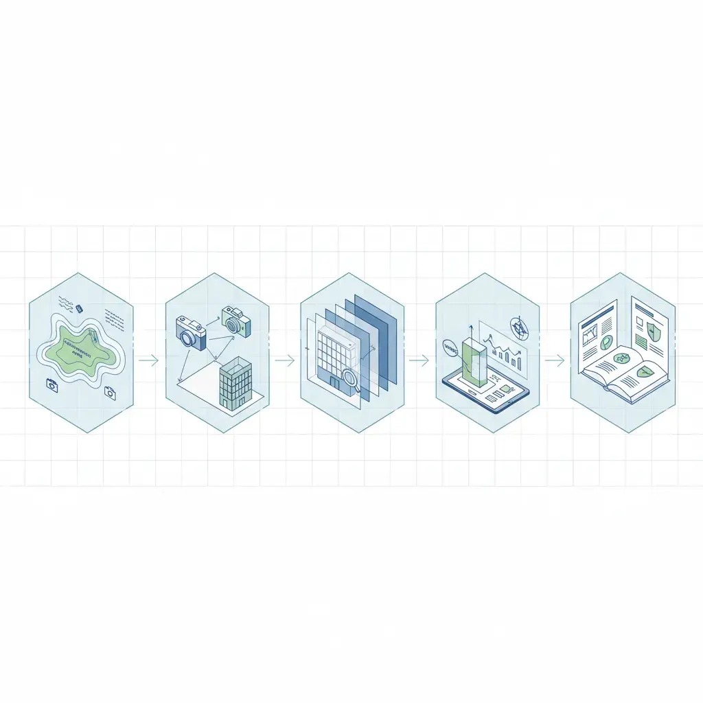 Six-stage isometric diagram tracing the Kensington and Chelsea verified-view methodology from conservation analysis to final reporting