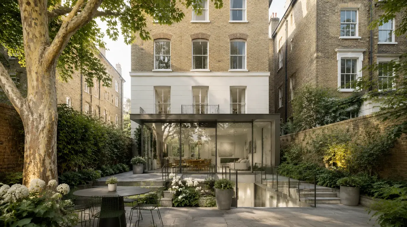 Rear extension rendering for a Kensington and Chelsea family home, set against the existing garden