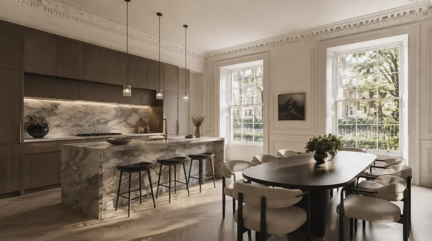 Chelsea townhouse interior CGI of an open-plan kitchen and dining room with retained period cornices, sash windows onto a garden square and a marble island