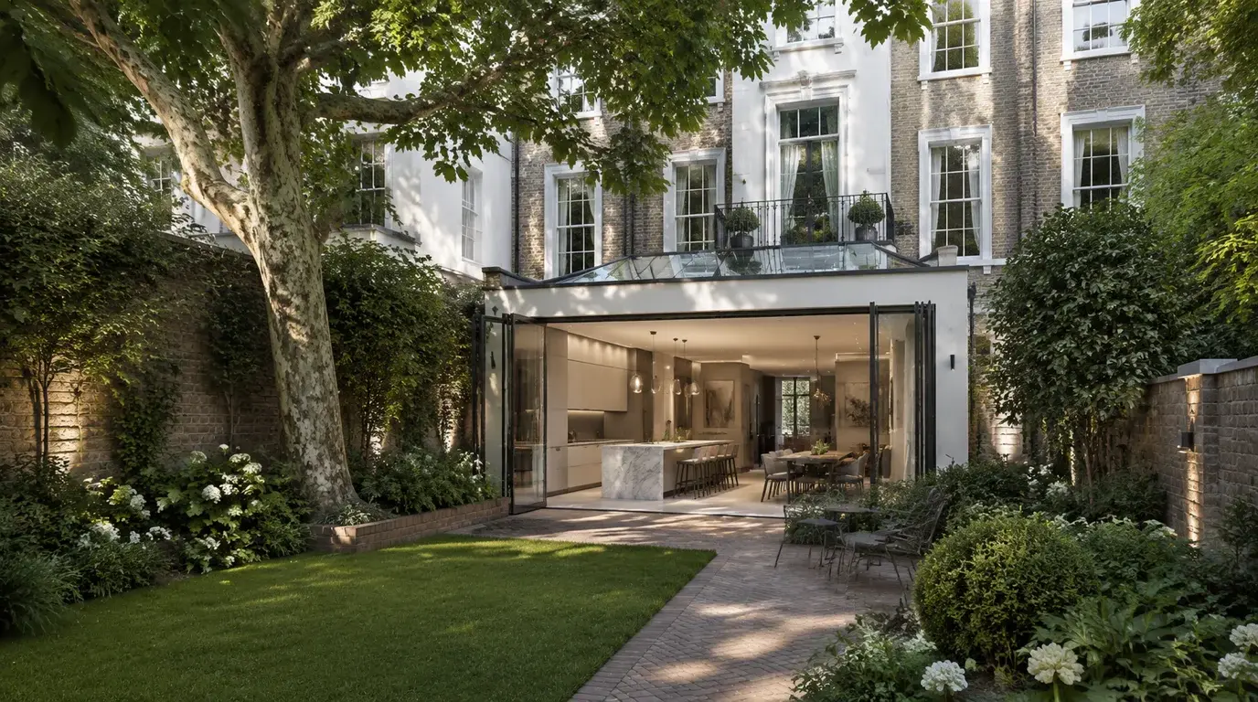 Architectural CGI of a Holland Park or Notting Hill family home with rear glazed garden extension in Kensington and Chelsea