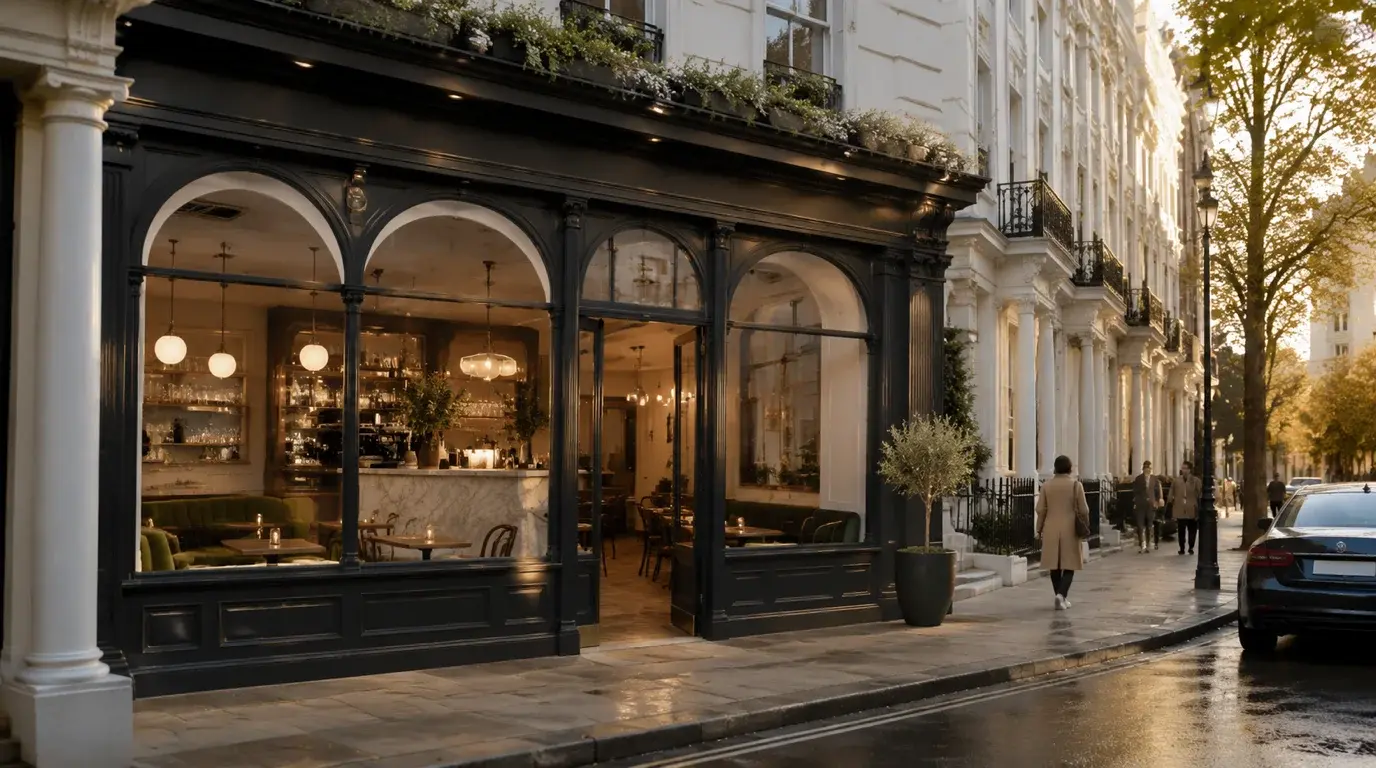 Architectural CGI of a Kings Road or South Kensington boutique cafe-restaurant shopfront with dark-framed arched windows in a Chelsea conservation-area stucco terrace