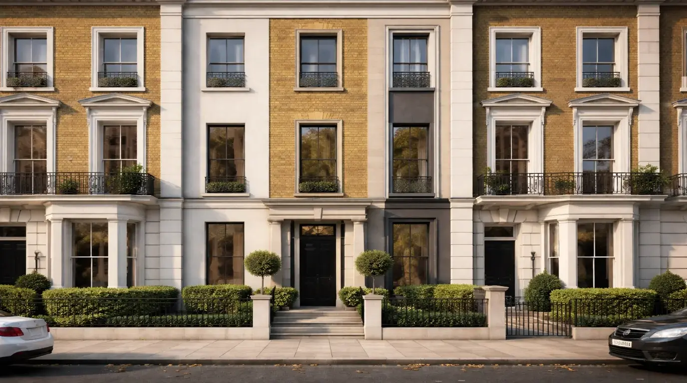 Annotated material-led facade study for a Kensington and Chelsea residential project