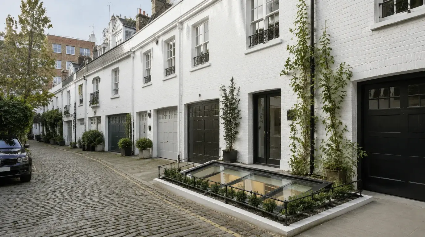 Daylight study at a mews-side opening. Rendered daylight behaviour read against masonry, glazing and interior surfaces.