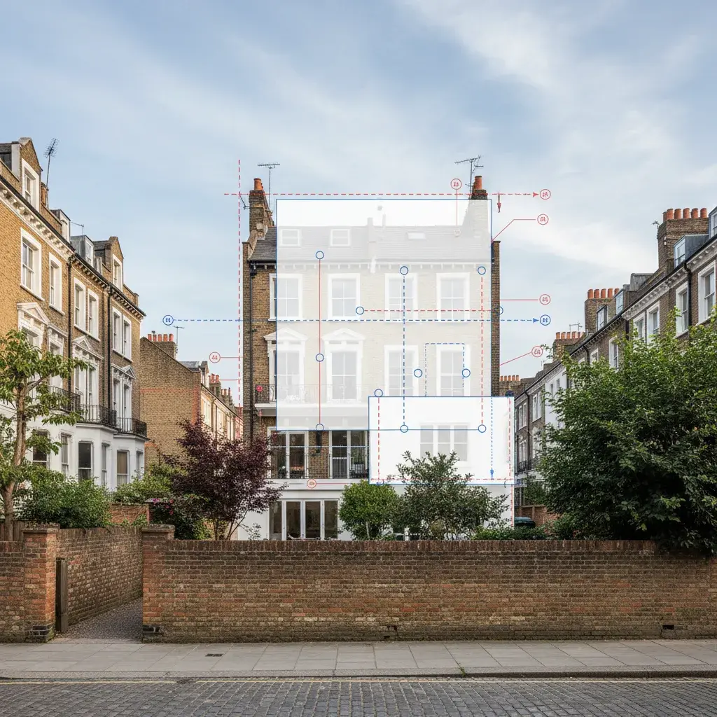 Annotated Kensington and Chelsea planning view with proposed rear-extension massing and viewpoint markers