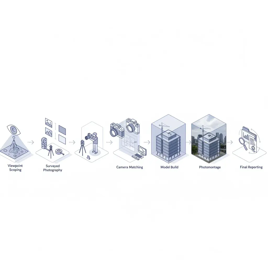 Six-stage isometric diagram tracing the verified-view methodology