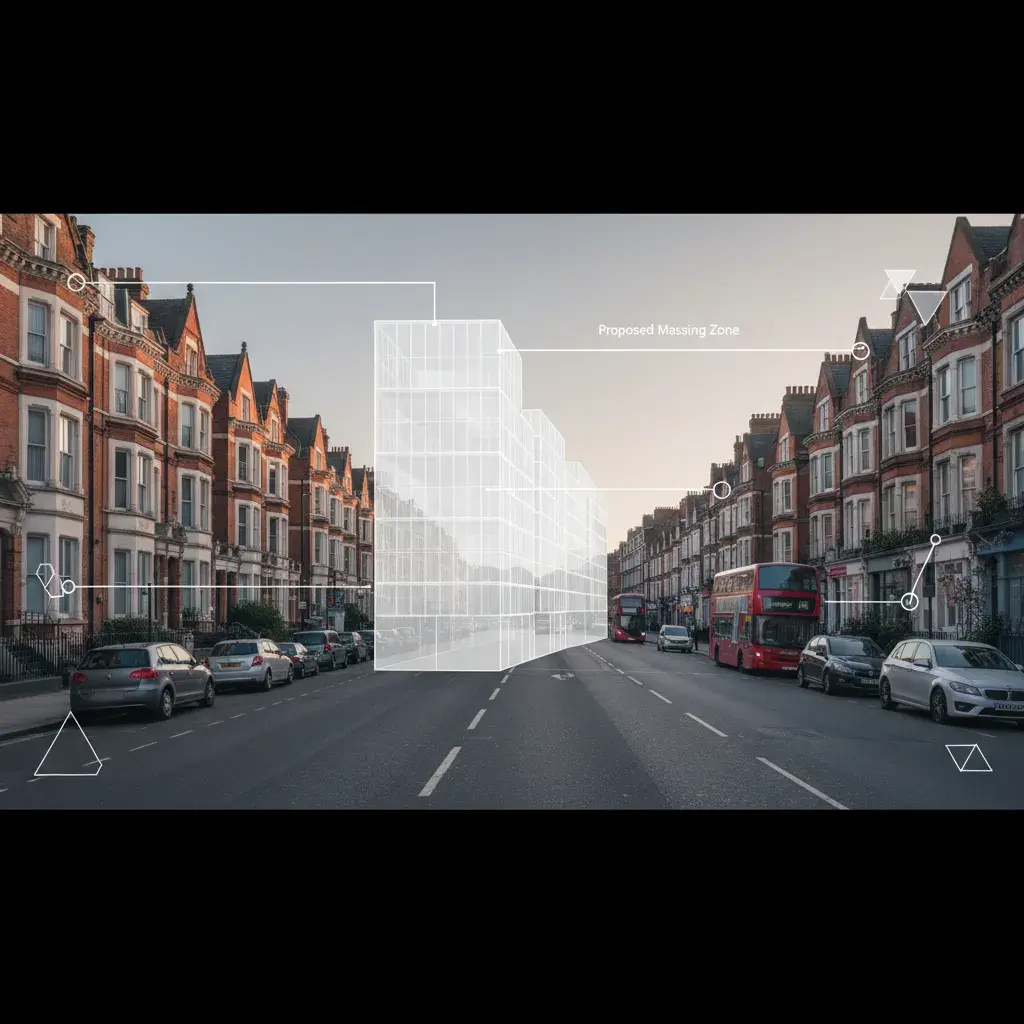 Annotated Lambeth planning photomontage illustrating massing zone and viewpoint markers