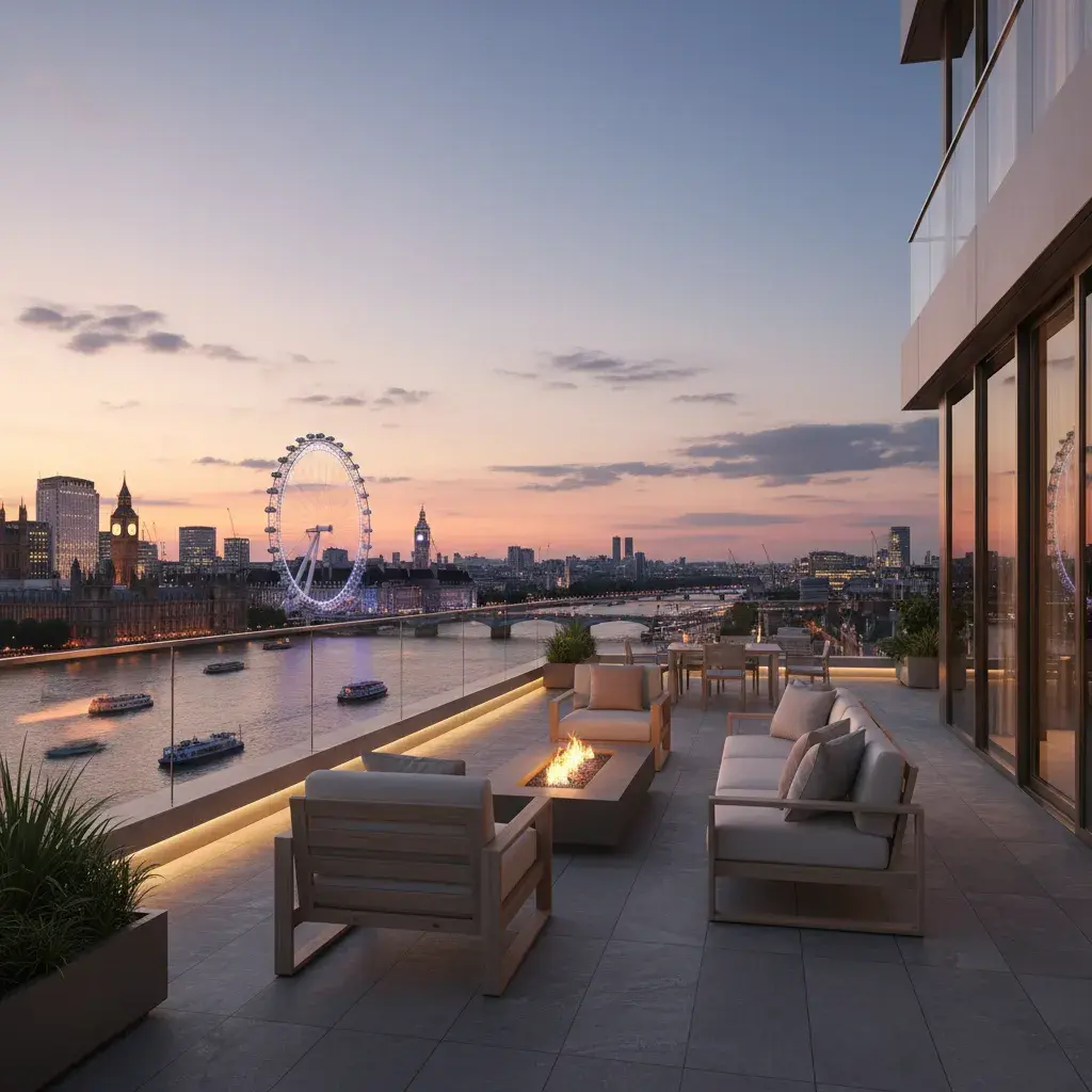 Riverside terrace CGI at a Vauxhall residential tower in Lambeth