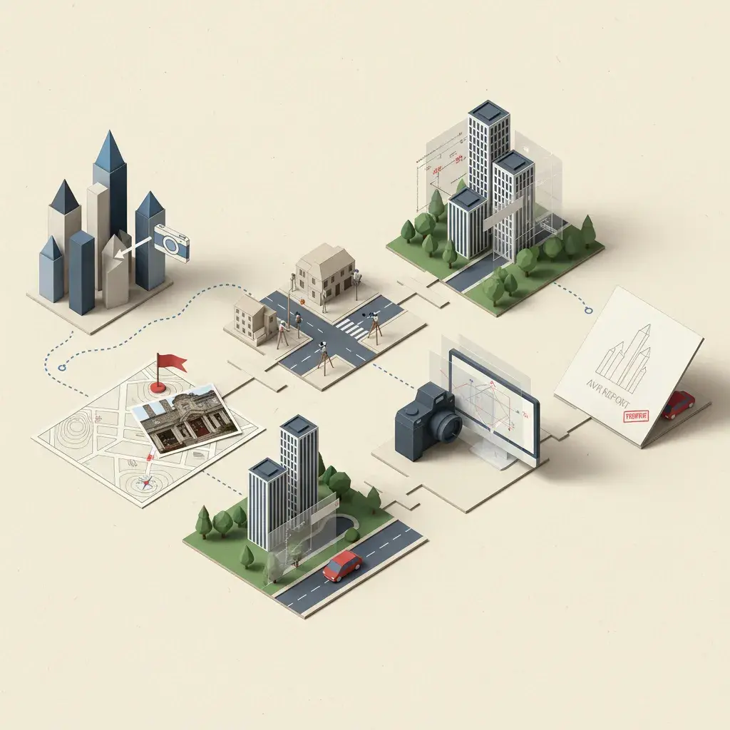 Six-stage isometric workflow diagram for a Vauxhall verified-view commission in Lambeth