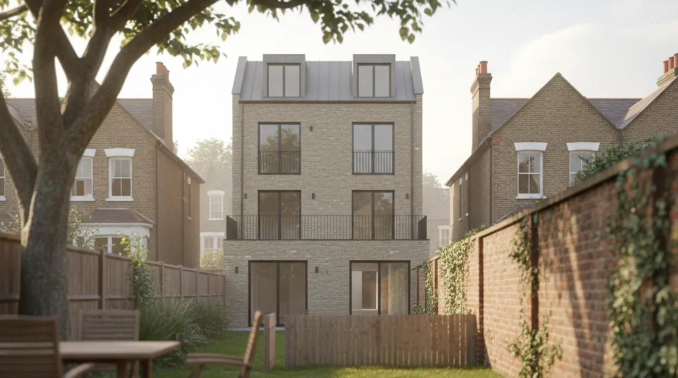 Verified-view photomontage of a contemporary three-storey backland residential infill house seen from a Victorian terrace rear garden in a Lambeth conservation area