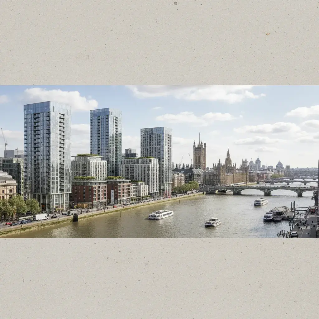 Albert Embankment mixed-use CGI in Lambeth with Westminster Bridge context