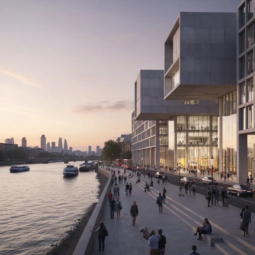 South Bank cultural frontage CGI in Lambeth with modern architecture and riverside public realm