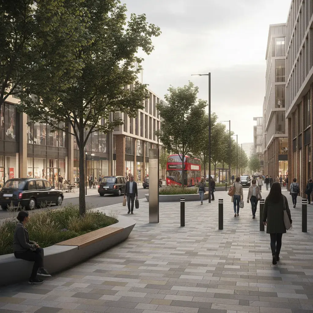 Waterloo station-edge public realm CGI in Lambeth with high-quality paving and modern street furniture