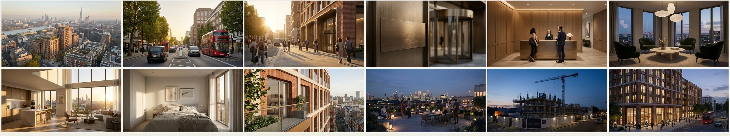 Twelve-shot storyboard from a 3D architectural animation of a London mixed-use scheme: aerial approach, public realm, lobby, amenity, residential interiors, balcony detail, rooftop dusk, and time-lapse