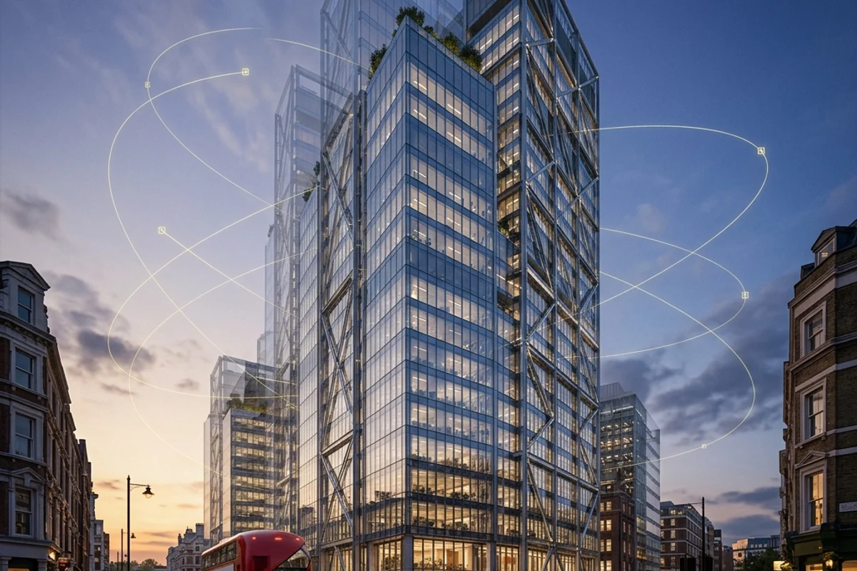 3D architectural animation camera path, showing ghosting keyframes and camera sweeps around a London tower scheme