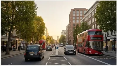 Camera-tracking still from a 3D architectural animation: CGI building matched to a live-action London street plate
