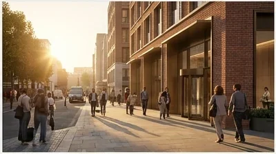Verified camera path still: pedestrian-level public-realm view of the scheme