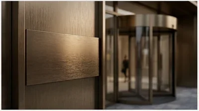 Short cinemagraph still from an architectural animation: close-up of an entrance detail at golden hour