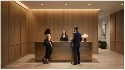 Interior walkthrough still from an architectural animation: warm oak residential lobby with concierge desk