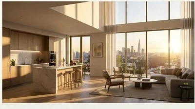 Cinematic reel still from an architectural animation: double-height residential interior at golden hour