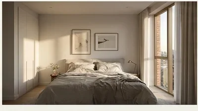Cinemagraph still from an architectural animation: residential bedroom with one isolated motion layer