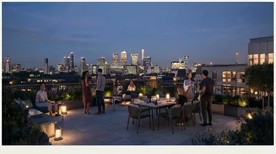 Massing study still from a 3D architectural animation: scheme reading in the London skyline at dusk