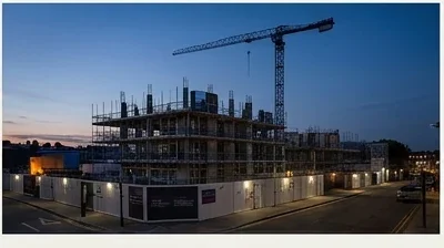 Time-lapse still from a 3D architectural animation: London scheme mid-construction with crane silhouette at dusk