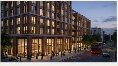 Committee-pack format still from a 3D architectural animation: dusk hero of the completed London scheme