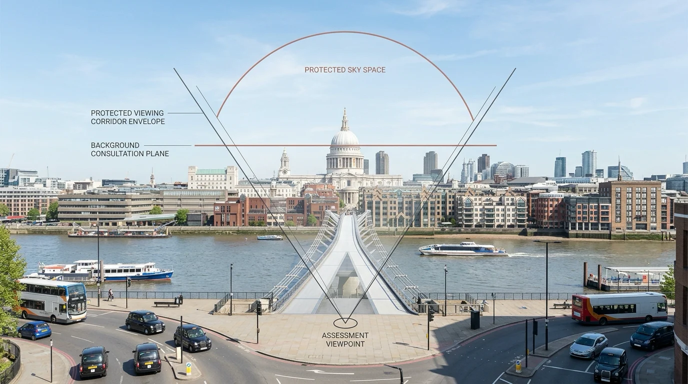 Annotated LVMF viewing corridor diagram toward St Paul's Cathedral showing the consultation plane and protected sky space