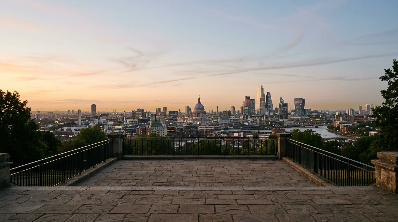 London skyline panorama from the Alexandra Palace terrace at dusk with St Paul's Cathedral on the skyline