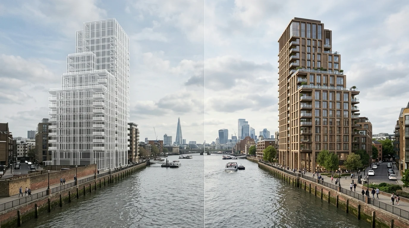 Wireline and photomontage comparison of the same LVMF assessment viewpoint showing a proposed tower at AVR Level 0 and Level 2