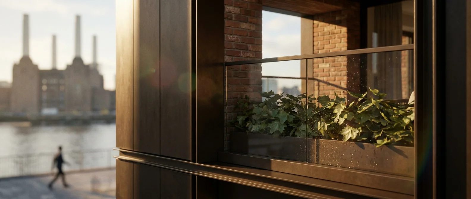Close-up vignette still from a 3D animation of a Nine Elms riverside scheme, south-west London: balcony detail at golden hour with the Thames bokeh in the background